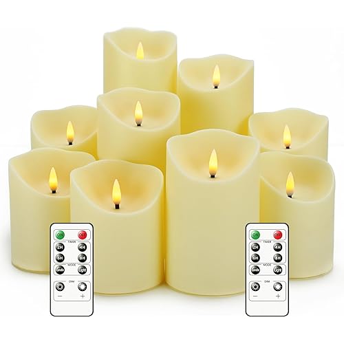 Flameless Candles with Remote, Battery Operated Flickering Flameless Candles, LED Candles with Timer 2/4/6/8H, with Realistic LED Candles Set of 9 (D3 x H 3" 4" 5" 6" 7") (Ivory)