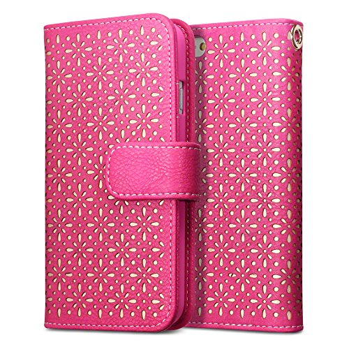iPhone 6S Case, Terrapin [Pink] [Etched Floral Pattern] Textured PU Leather Wallet Case with Card Slots ID Window Cash Compartment and Detachable Wrist Strap Case for iPhone 6 / 6S - Pink