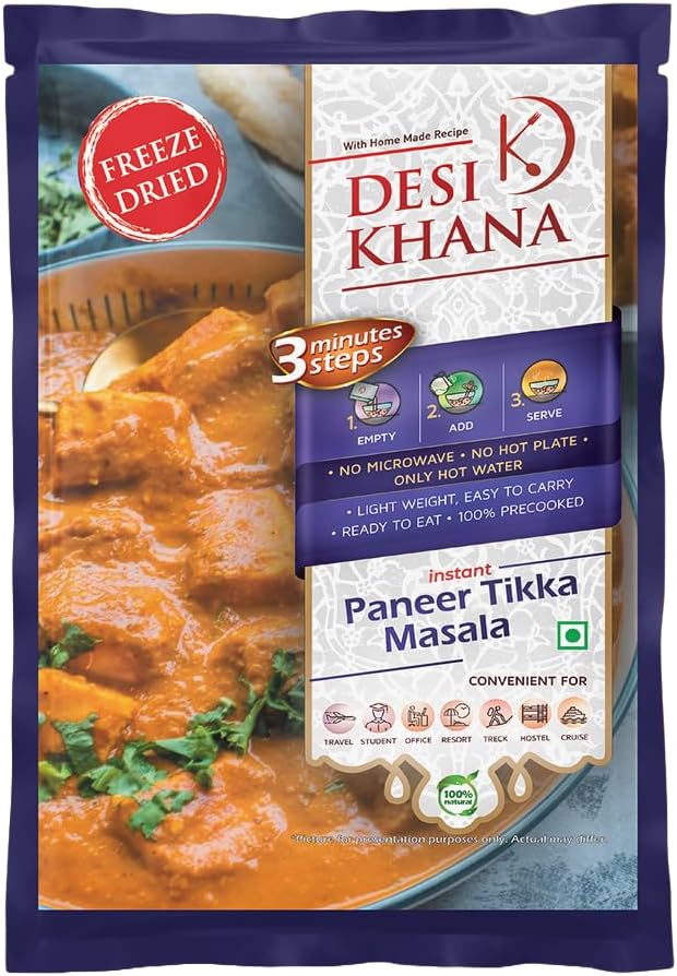 Desi Khana Ready To Eat (Pack Of 1) Paneer Tikka Masala - 3 Minute Instant Healthy Food Makes Approx 190-200 gm | Just Add Hot Water | Zero Preservative | Wholesome Meal(60g Pouch, Freeze Dried)