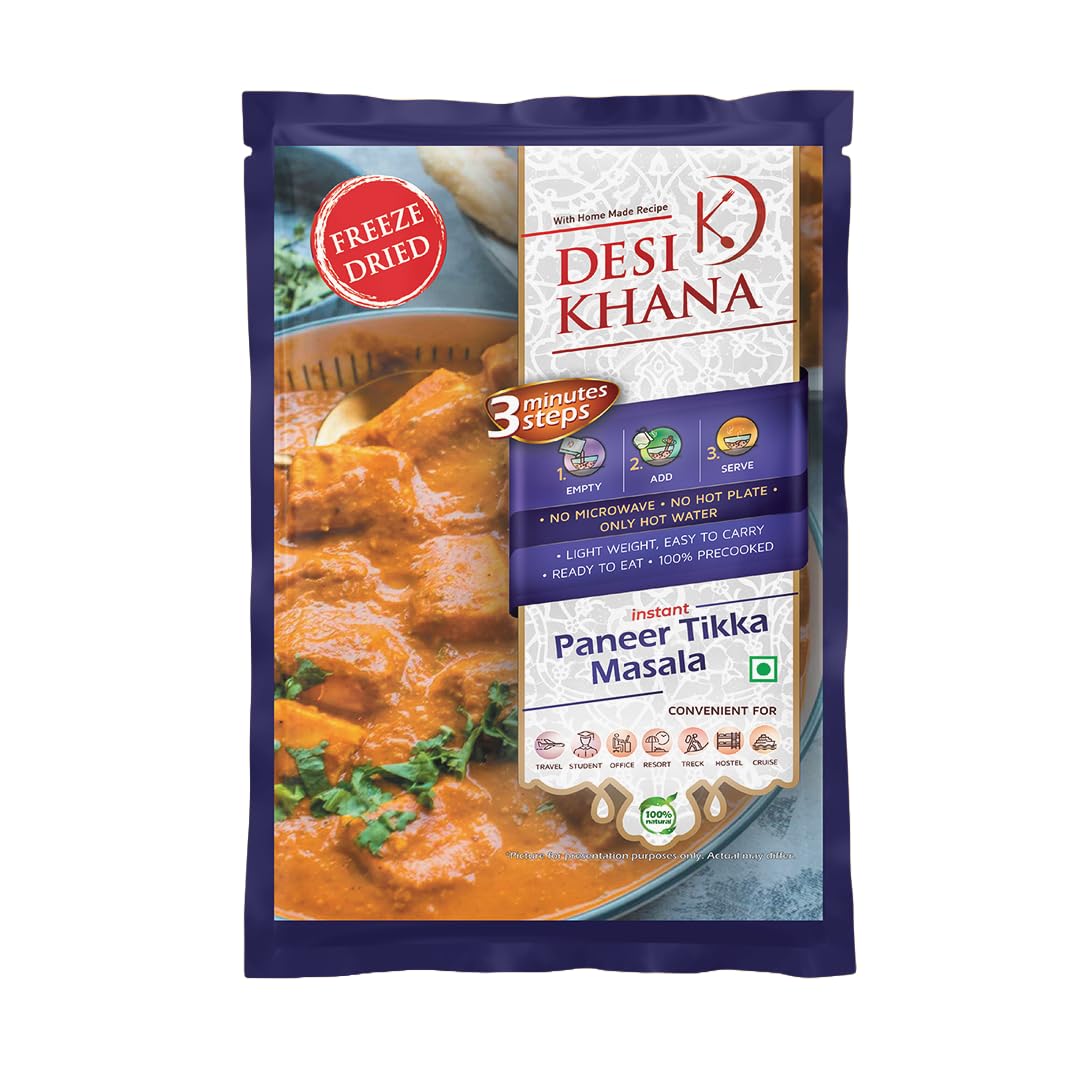 Desi Khana Ready To Eat Pack Of 1 Paneer Tikka Masala - 3 Minute Instant Healthy Food Makes Approx 190-200 gm | Just Add Hot Water(225-250 ml) | Zero Preservative | Wholesome Meal(60g Pouch, Freeze Dried)