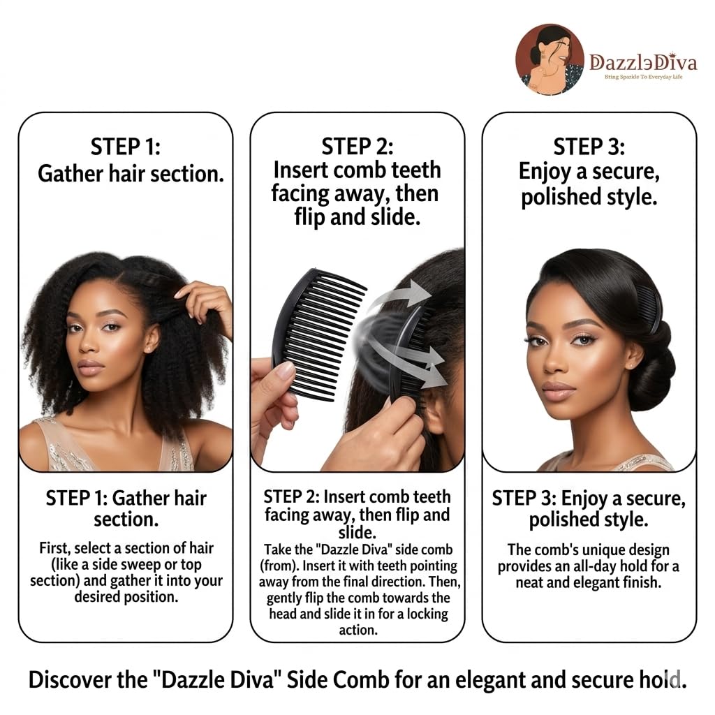 DazzleDiva Black Hair Side Combs, 4-Pack Durable Plastic Clips for Styling Updos Pack of 4 1