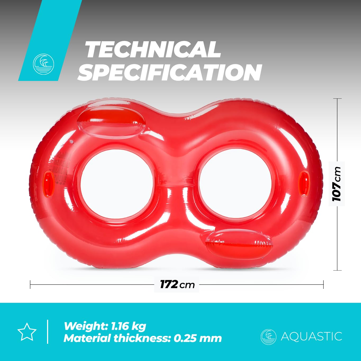 AQUASTIC Koło Dmuchane Do Pływania Podwójne Dla Dzieci od 14 Roku Życia Gruby Materiał Winylowy Mocne uchwyty Na Basen Jezioro Zabawa w Wodzie Dziecięce Czerwone ASR-175R