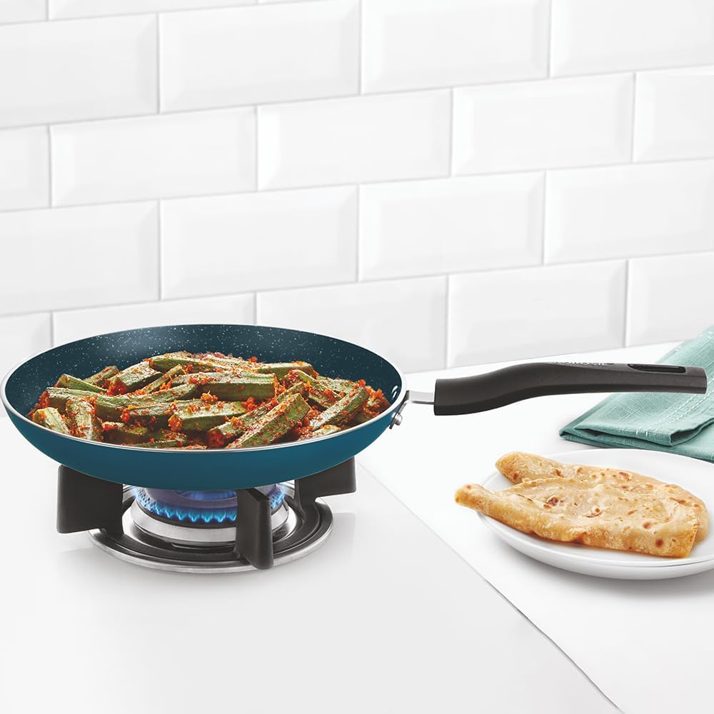 Borosil ProChef Non-Stick Fry Pan, 26 cm, Gas Stove Compatible, Thick Uniform Body for Even Heating, Metal Spoon Friendly, PFOA Free, Blue Exterior, Stir Frying Pan for Eggs, Cutlets, 1 Year Warranty