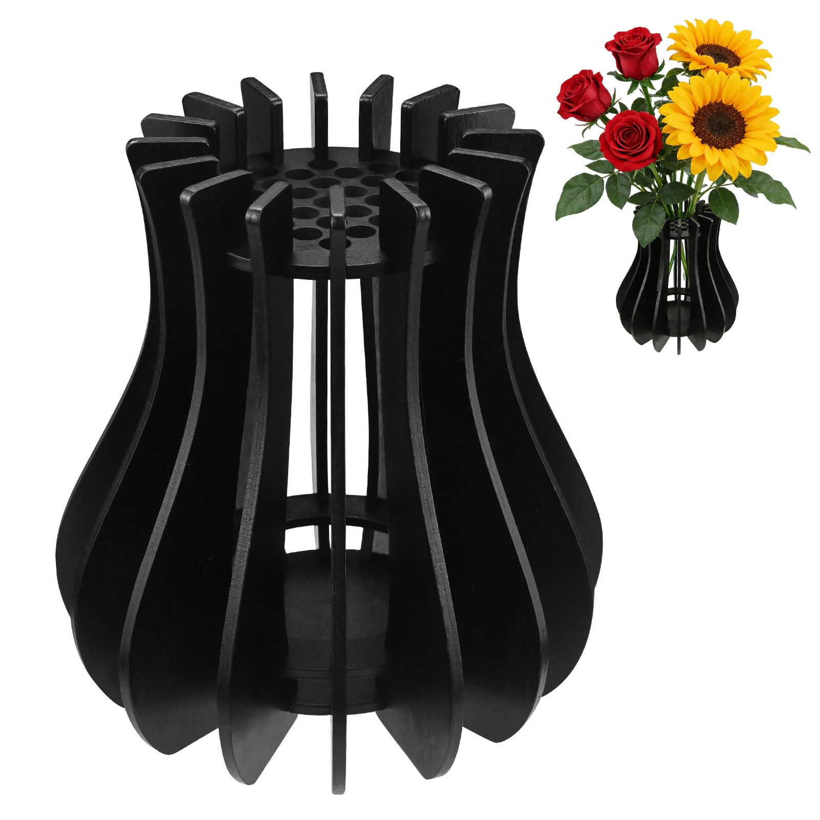 Vase for Lego Flowers Bouquet - Wooden Puzzle Vase, Black Wooden Puzzle for Lego Bouquet Construction Kit, for Lego Botanicals, Daffodils, Sunflowers, Roses, Cherry Blossom, Tulips, Lotus (Black)