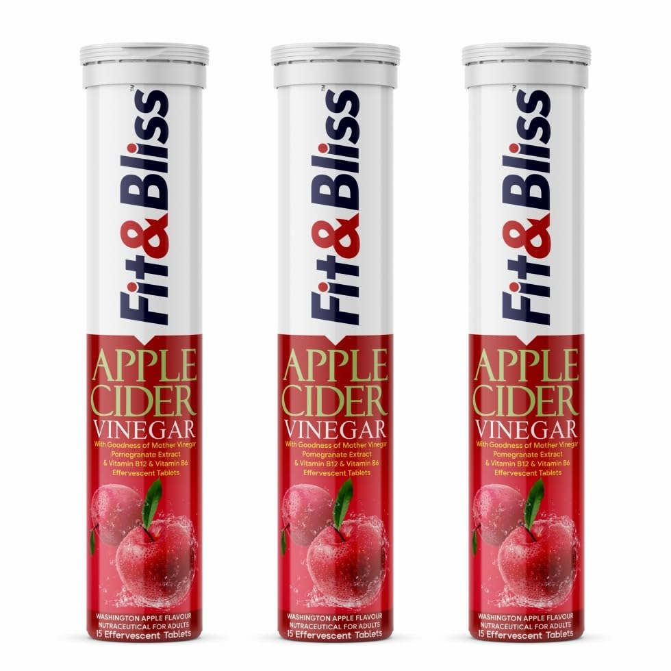 Fit&Bliss APPLE CIDER VINEGAR (ACV) with mother for weight management, boost metabolism Effervescent Tablets| 45 Tablets, 15 Tablets Each Pack | Apple Flavour- Pack of 3
