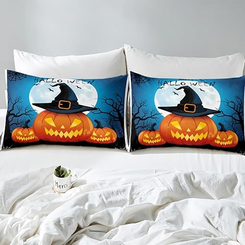 Miniatura 4 de Manfei Bonito juego de sábanas de calabaza tamaño matrimonial, juego de ropa de cama de feliz Halloween para decoración de habitación de niños y