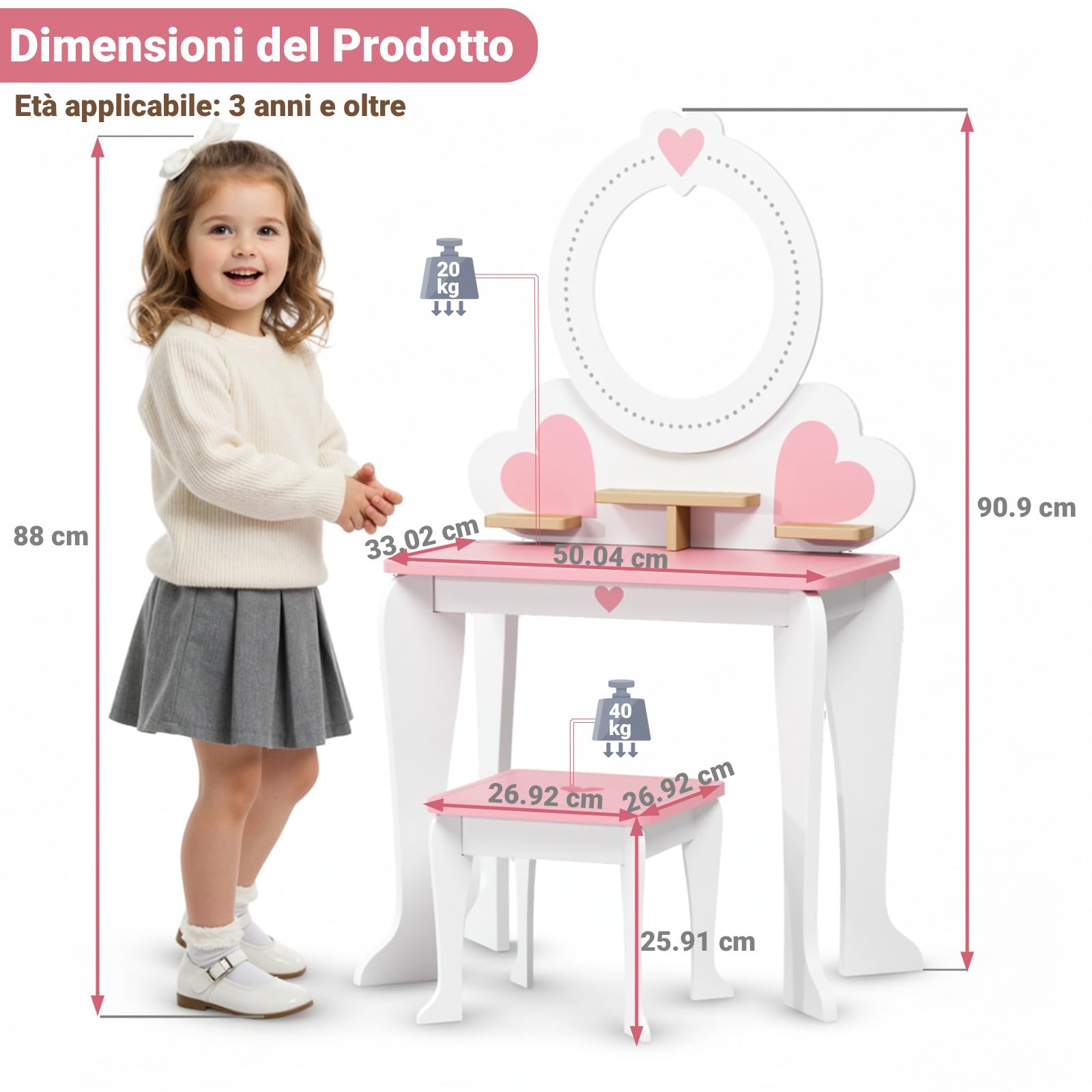Clevich 2 in 1 Toeletta per Bambini, Toeletta da Trucco con Specchio Bambini, Scrivania in Legno con Sgabello, Robusto e Durevole, per Bambini dai 3-8 Anni (Bianco)
