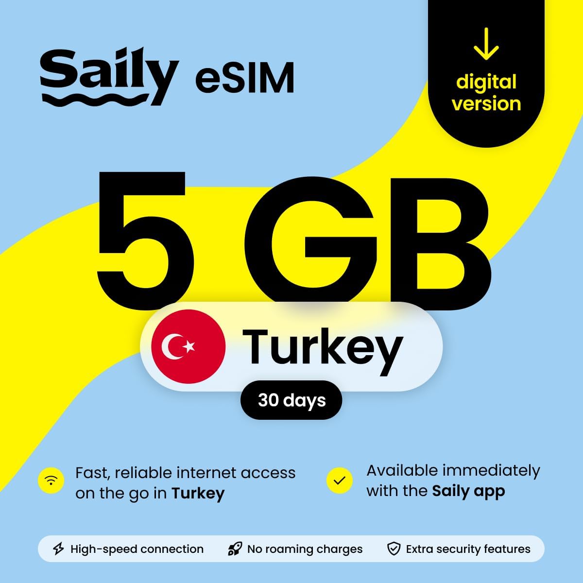Saily, eSIM Data Plan for Turkey, 5GB/30 Days, Security Features, Digital Code