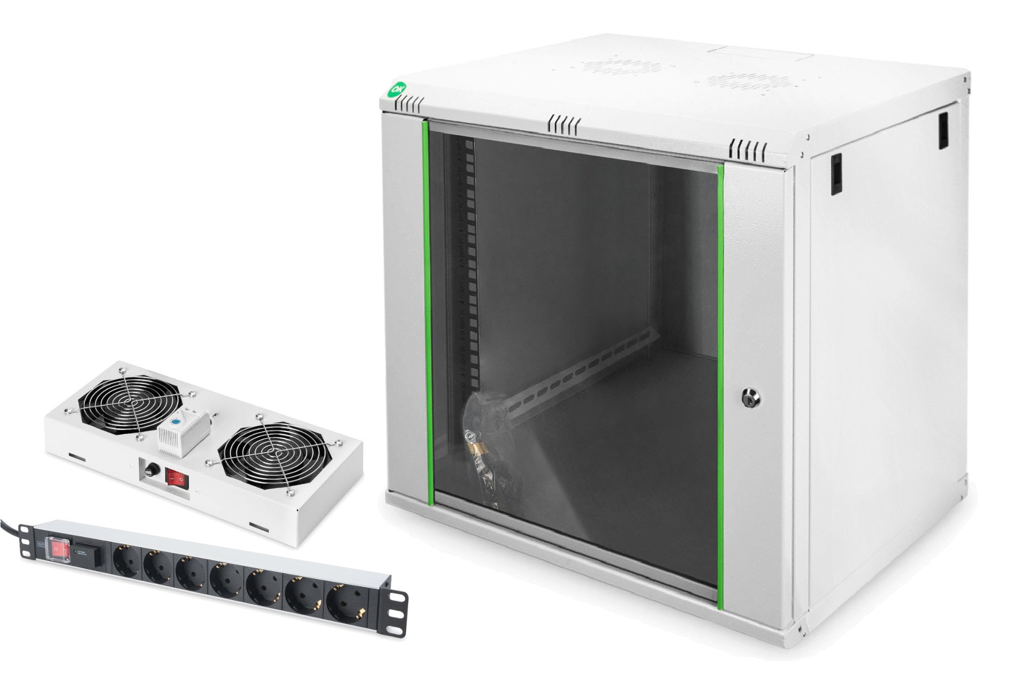 DIGITUS Set: Armoire réseau 19" 12U + Ventilateur de Toit + Bloc multiprise 7 Ports // Rack 19 Pouces - Montage Mural - Profondeur 450mm - Charge 60kg - Profondeur utile 335-380 mm - Gris