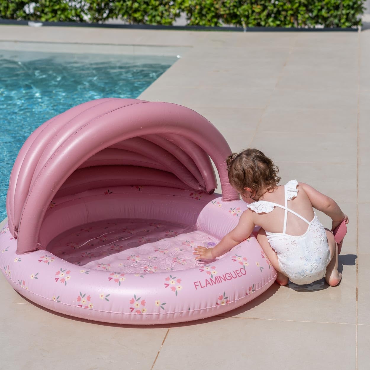 Flamingueo Mini Piscina Infantil - con Toldo para el Sol - para Playa y Jardín - PVC Resistente - Válvula Drenaje - 120 x 110 x 65 cm - Rosa