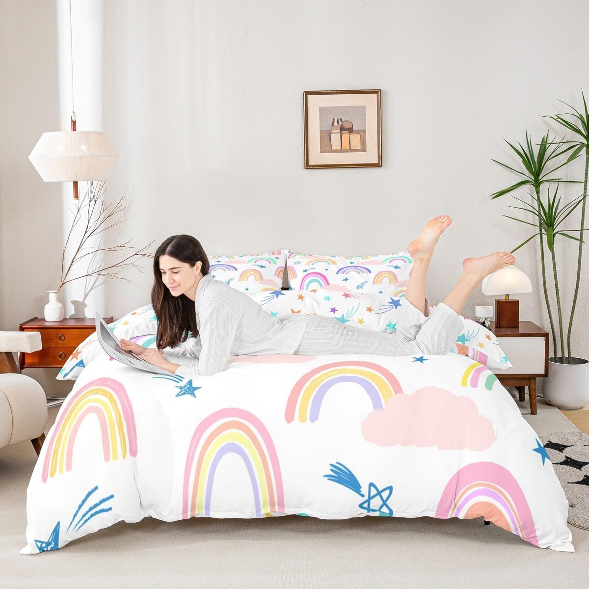 Rainbow Duvet Cover For Girls Kids, Cartoon Sun Cloud Bedding Set Kawaii Room Decor King Size, Girly Iridescent Stripes Comforter Cover Hand Drawn Bed Set 3 Pieces With 2 Pillow Cases, Colorful