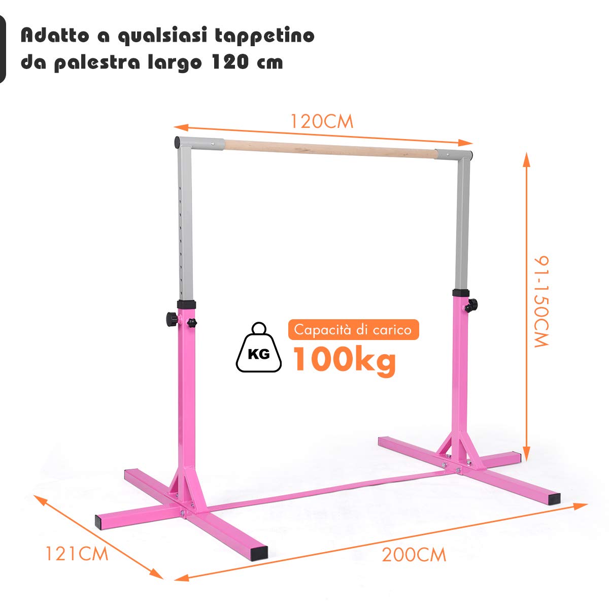 GYMAX Sbarra da Ginnastica Artistica in Legno Massello e Acciaio, Sbarra da Danza Classica per Casa Regolabile in Altezza tra 91 e 150 cm, con Portata di 100 kg, 200 x 121 x 91/150 cm