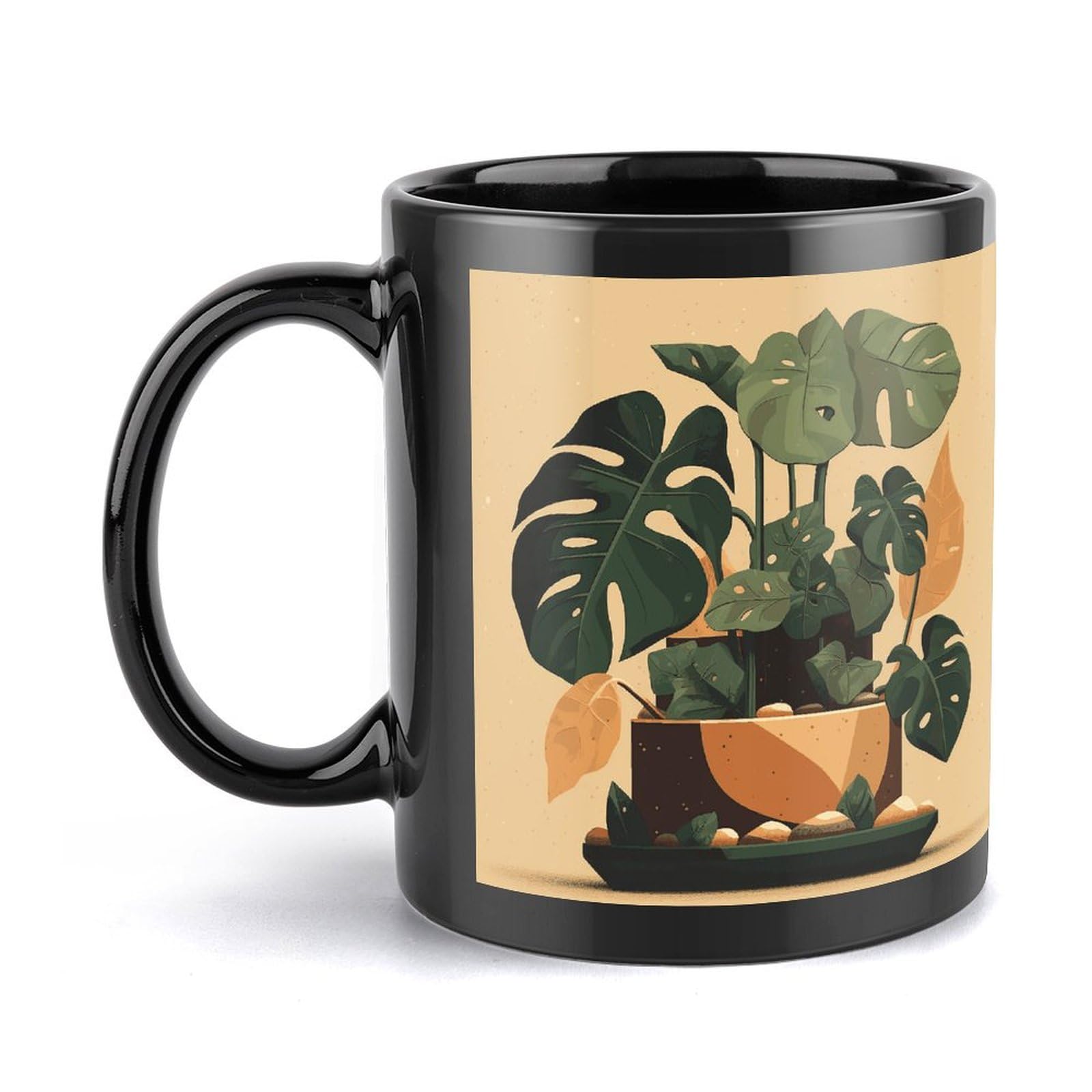 Coffee Mug Large Porcelain Mug Gray Monstera Plant Coffee Cups Ceramic Large Coffee Mug with Handle Funny Mug Tea Cup for Office And Home Unique Coffee Mugs