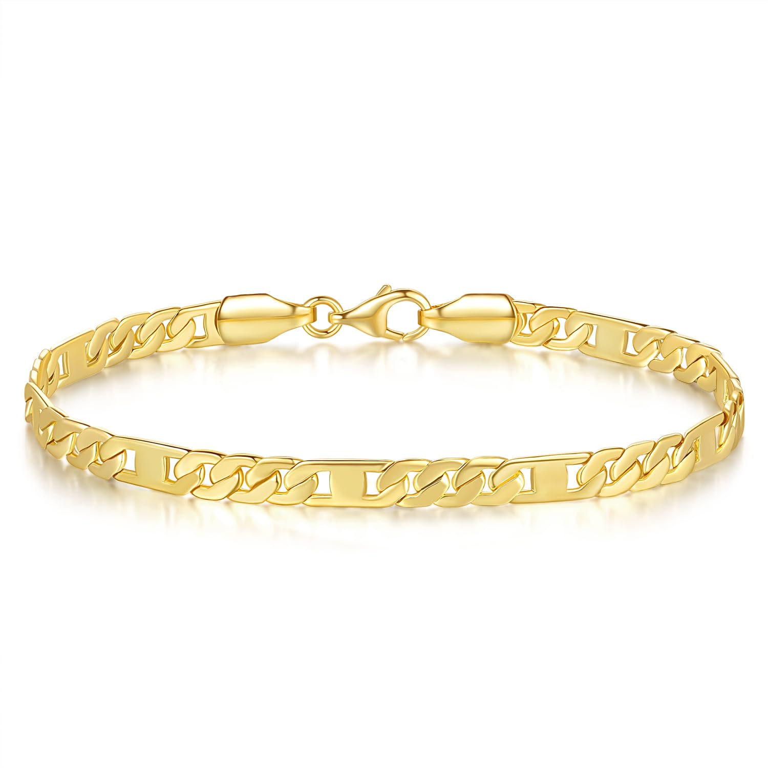 LOKFAM 14K Gold Bracelets for Women Mens Bracelet Flat Figaro Chain 14K Gold Chain Bracelet for Womens Trendy Stackable Bracelets for Women 5 Sizes