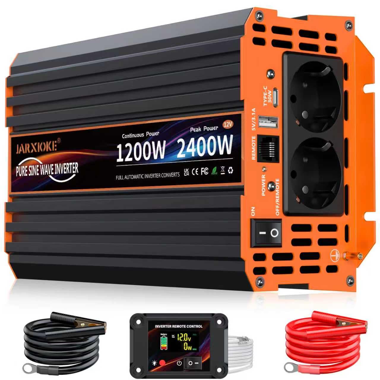 Wechselrichter 1200W Reiner Sinus Spannungswandler 12V auf 230V Power Inverter mit LCD Fernbedienung,USB Ports,Type-C Port,2 AC-Steckdosen für Solar,Fahrzeuge,Wohnmobil,Stromausfall,Reise