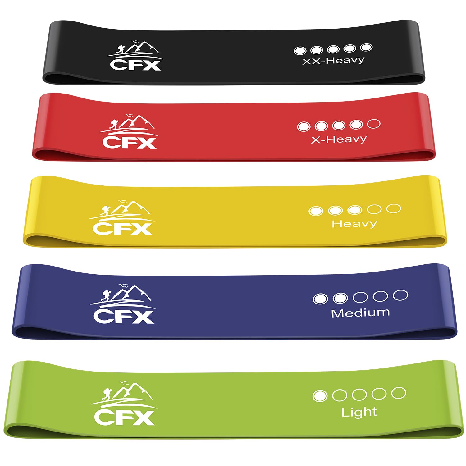 CFX Resistance Bands, Exercise Bands Skin-Friendly with 5 Different Strength Levels - for Legs and Glutes, Arms, Pilates, Yoga