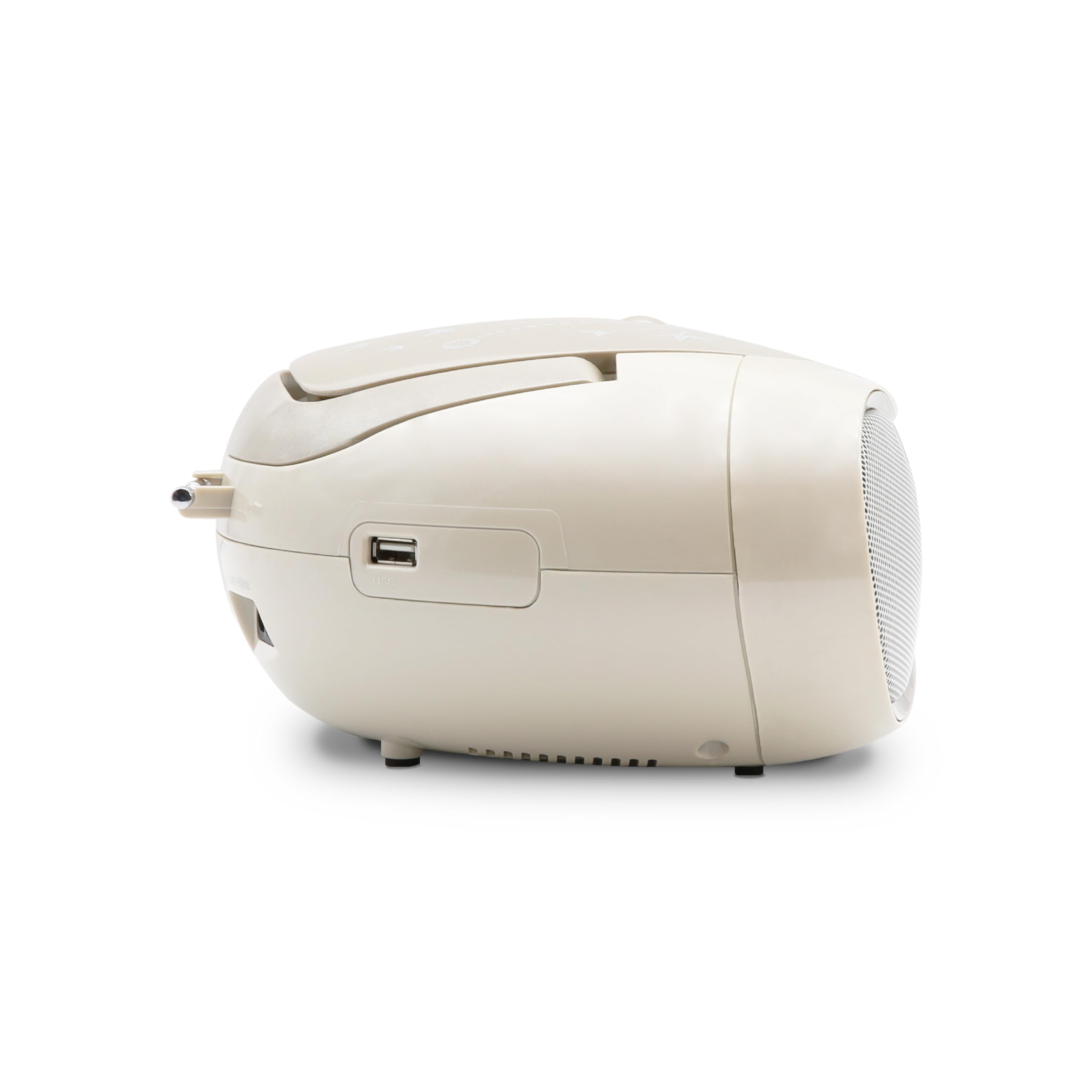 MOOOV Soft Grey, lettore CD portatile, riproduzione CD-R/CD-RW/CD-MP3, radio FM, porta USB, audio stereo 6W, impugnatura ergonomica, funziona su alimentazione o batterie