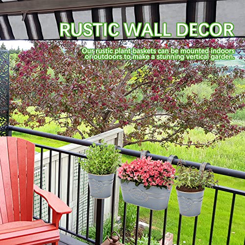 Image of PerGar 3 Pack Metal Railing Planter Box Outdoor, 10.6 inch Hanging Flower Pots with Detachable Hooks & Drainage Holes, Rail Planter Boxes for Balcony Deck Porch Fence Garden Home Decoration, Dark Blue
