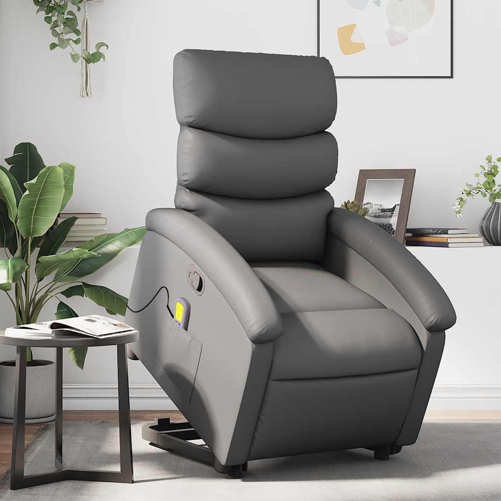 Sillón elevador reclinable con masaje de 6 puntos, color gris, piel sintética, función elevación eléctrica y vibración, estructura estable de madera y metal, bolsillo lateral