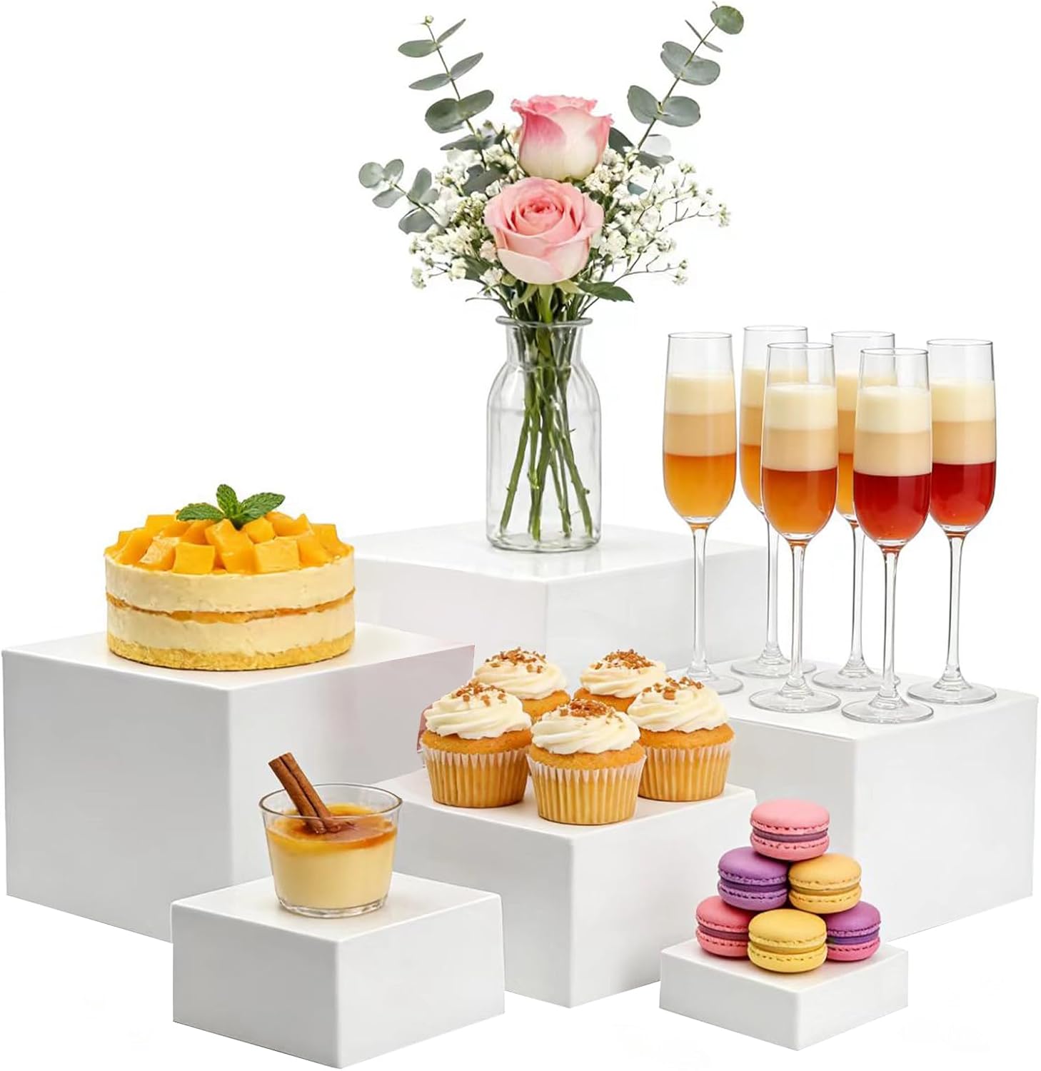 6Pcs Buffet Risers and Display Stands, White Acrylic Dessert Table Display Set for Party, Collectibles Jewelry Catering Cube Boxes with Hollow Bottom (8",7",6",5",4",3")