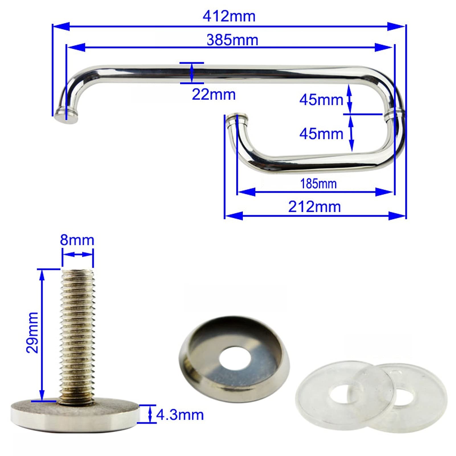 Glas-Schiebetüren-Zuggriff-Edelstahl-Hardware-Zubehör-Duschtür-Knauf-Sets (Size : 185mm+385mm)