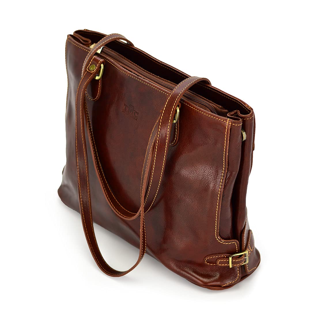 TMC LEATHER DIAMONDS Skórzana shopper Florence 14, brązowa, dwukomorowa, 40x12x28cm, złote okucia, skóra licowa, damska, naturalna