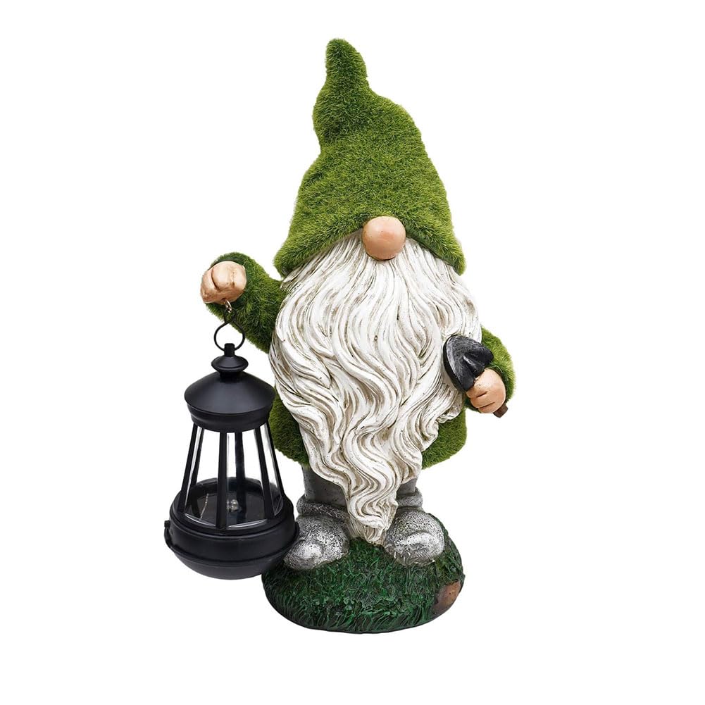 Flocked Gnome Statue with Solar Light Decorative Funny Garden Sculpture Waterproof Outdoor Gnome Decoration for Patio Lawn Yard Balcony