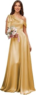 One Shoulder Bridesmaid Dresses for Women Satin Formal Dress A Line Pleated Evening Gown with Bow