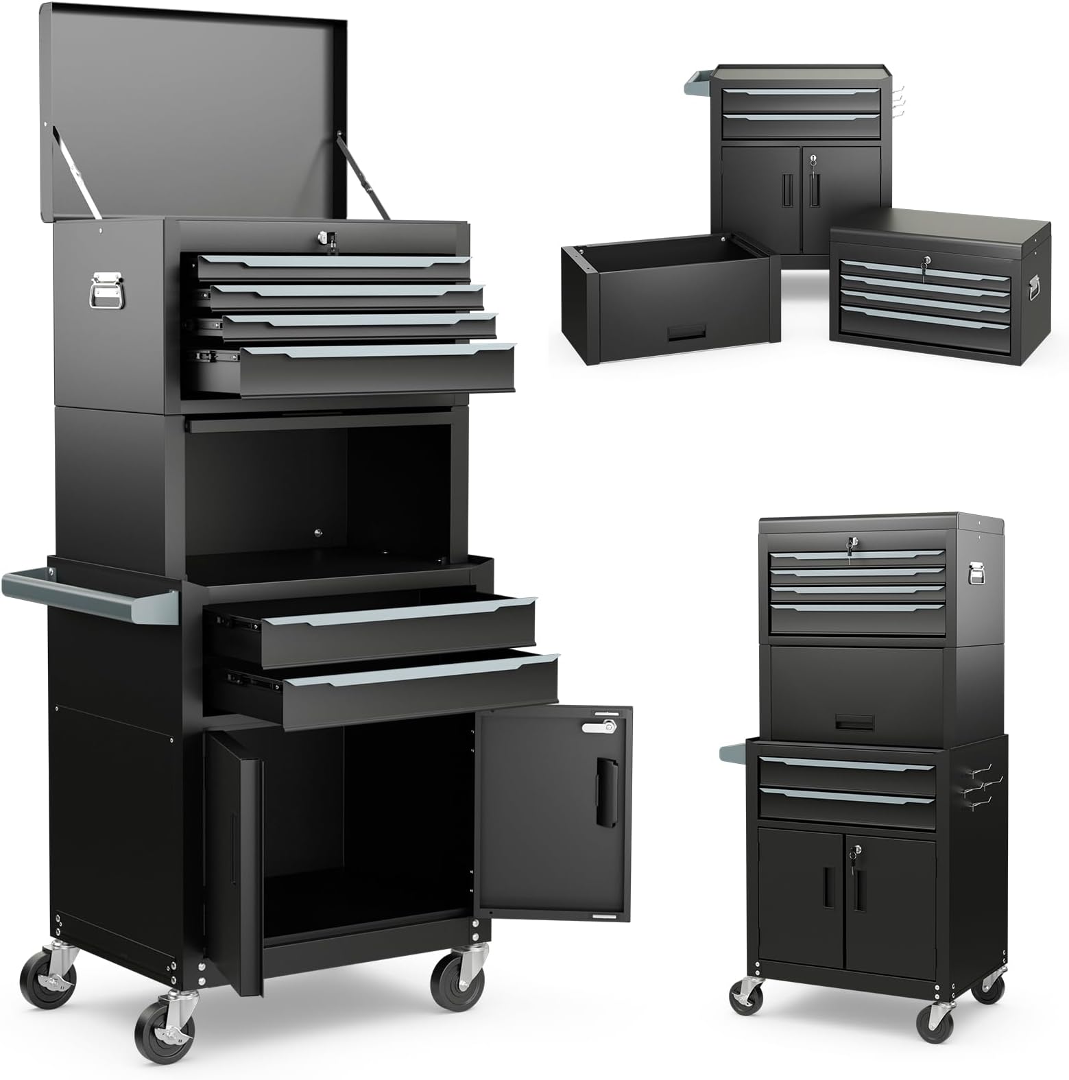 HOMFME 6-Drawer Rolling Tool Chest Combo, 3-in-1 Heavy-Duty Metal Tool Cabinet with Lockable Drawers, Mobile Workshop Service Cart & Utility Trolley for Garage (Black)