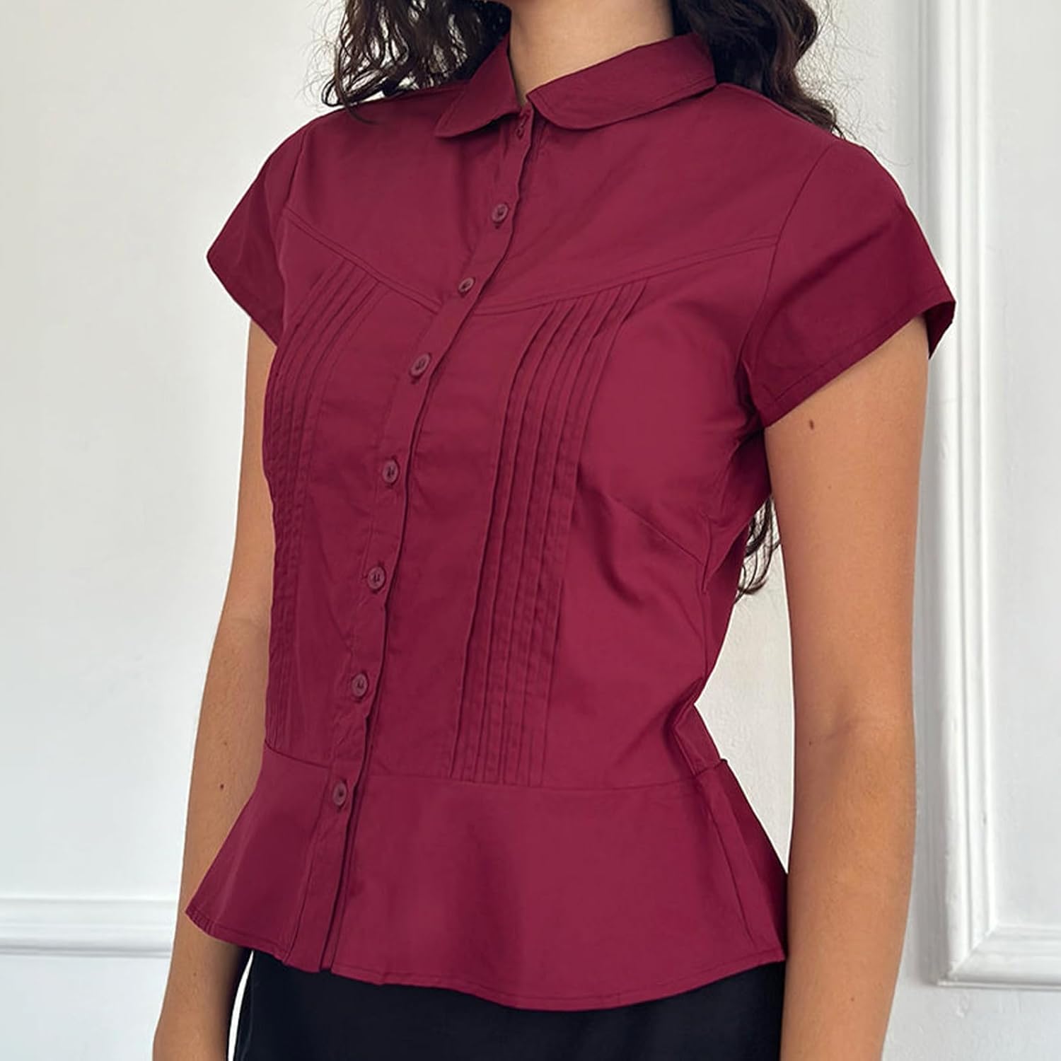 Women Y2k Button Down Blouse Short Sleeve V Neck Collared Cropped Ruffle Shirt Tops Slim Fit Coquette Going Out Tops - Image 2