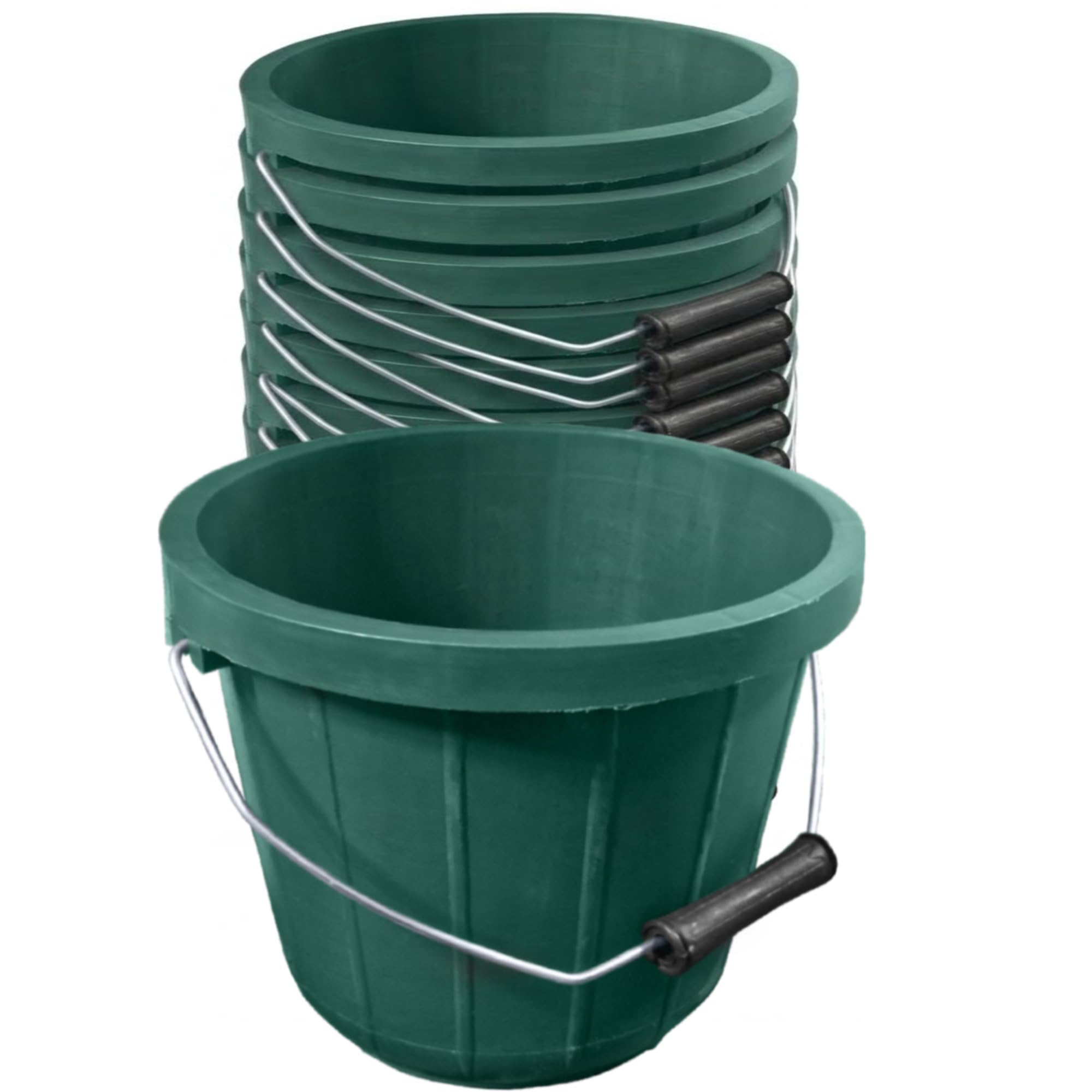 Green Plastic Calf Feed Buckets Heavy Duty with Metal Handle - 2 Gallon 10L Bucket - 10 Pack