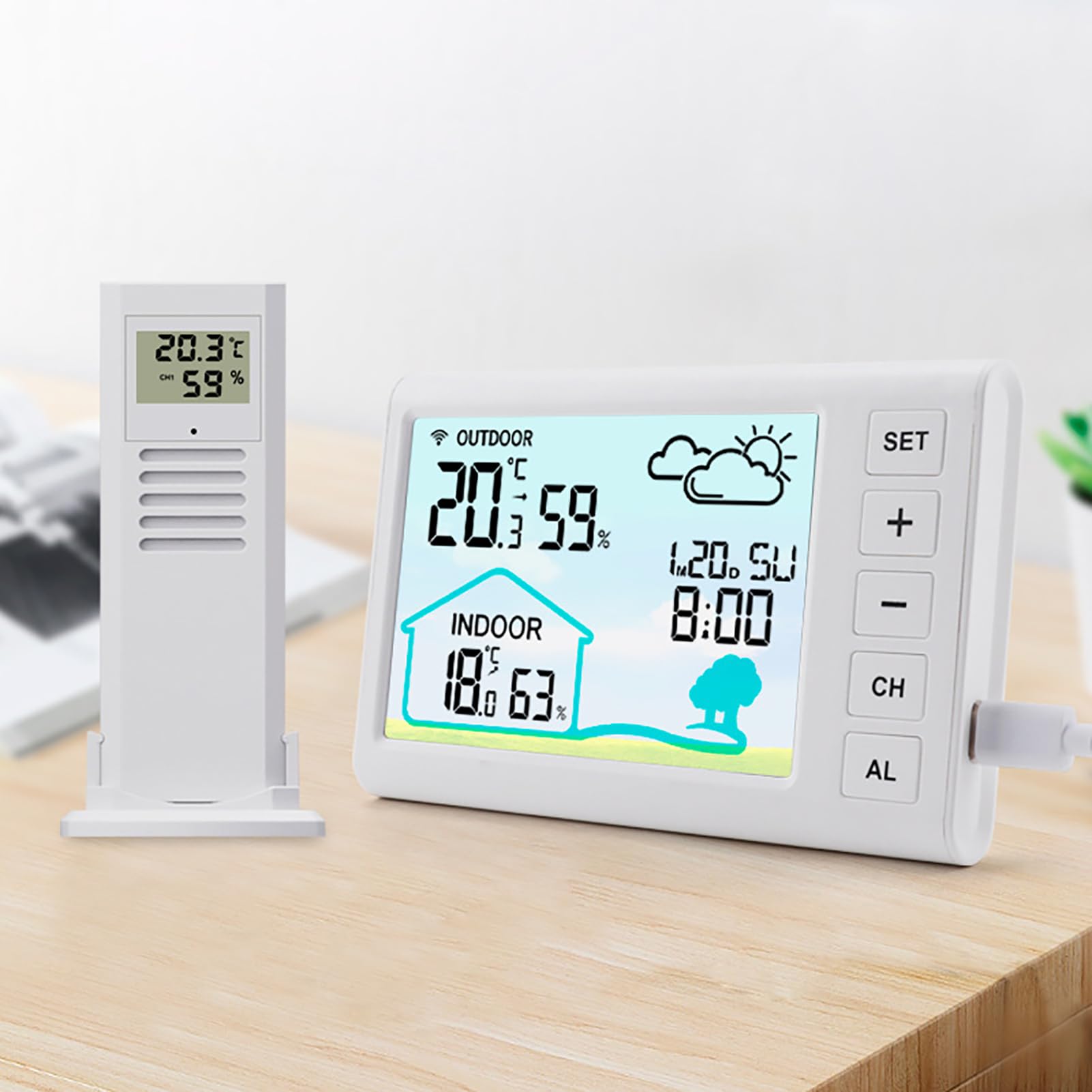 Bezprzewodowa stacja pogodowa Wewnętrzny termometr zewnętrzny z dokładną prognozą temperatury i wilgotności Zegar z alarmem Regulowane podświetlenie dla domowego biura Pokój