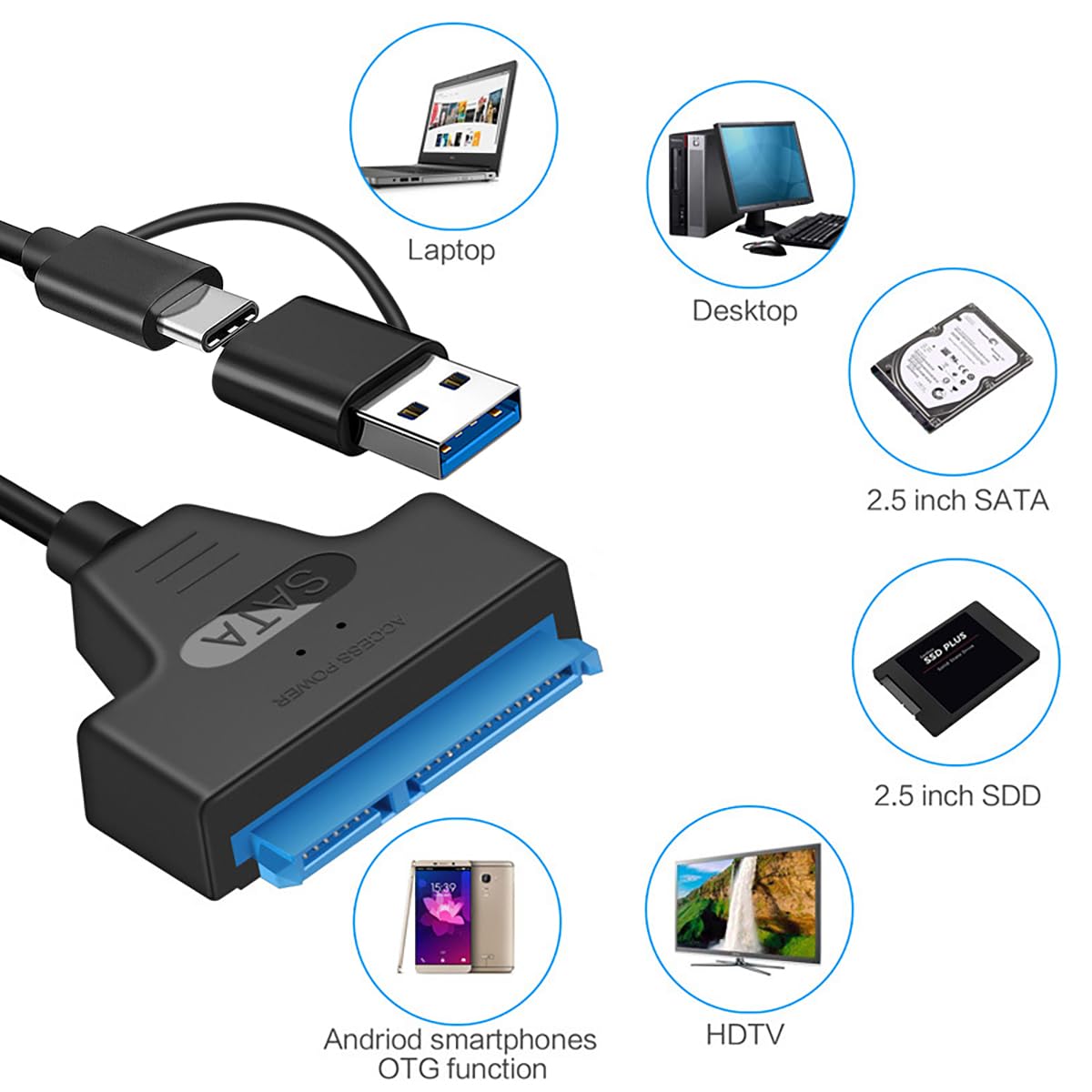 Unnderwiss kabel Sata usb adapter do dysków twardych Sata na usb Kompatybilny z zewnętrznymi i wewnętrznymi dyskami twardymi SSD/HDD 6,35 / 8,89 cm Adapter Kompatybilny z systemami operacyjnymi