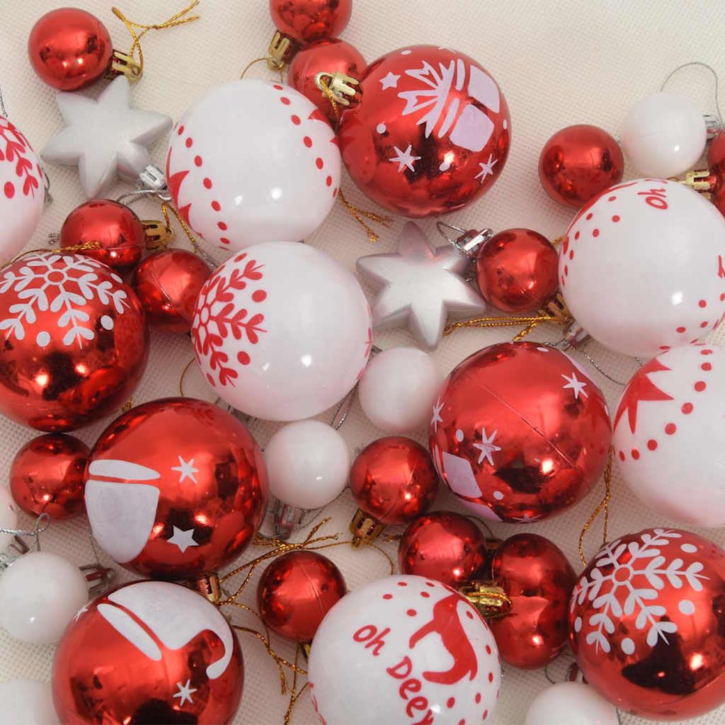 Weihnachtskugel-Set 40 pcs Rot und Weiß Kunststoff glänzend Ø 6 cm mit Herz und Stern Anhänger für Weihnachtsbaum Baumschmuck traditionelle Weihnachtsdeko Tannenbaum schmücken