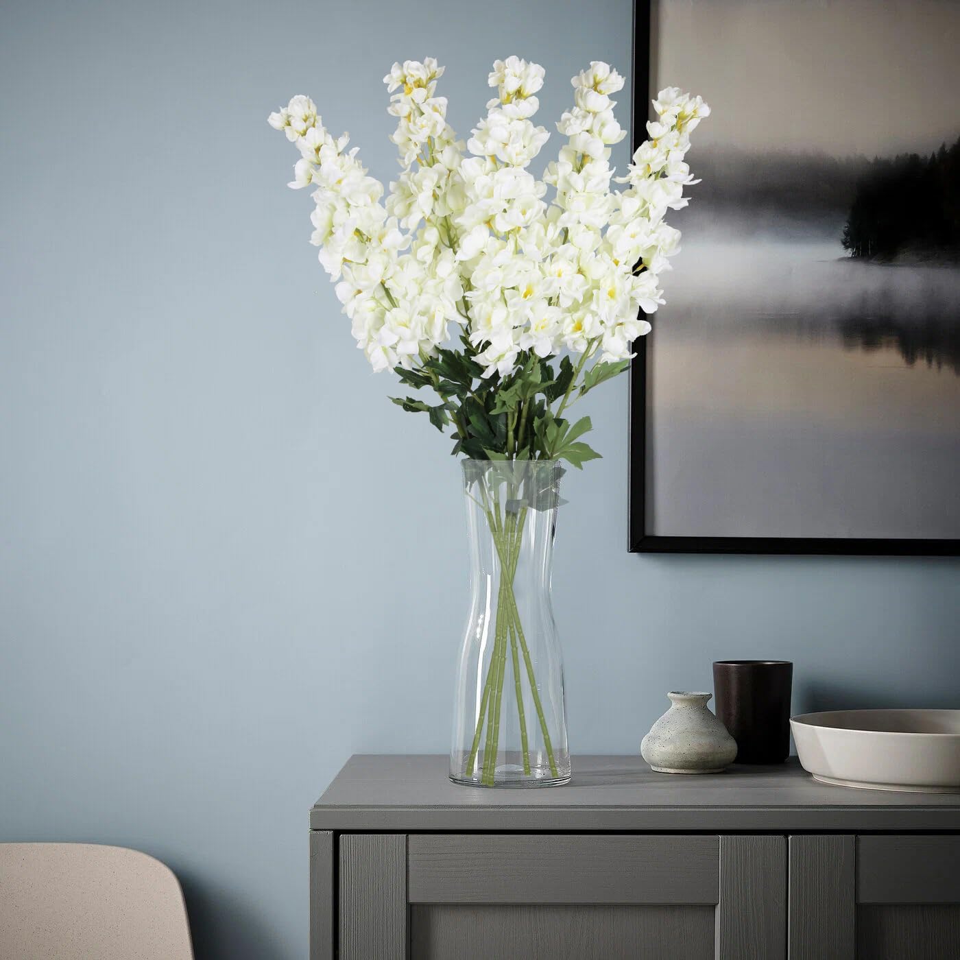 White Delphinium Artificial Flowers,5PCS Faux Larkspur Flowers 39" Long Stem Silk Flowers for Tall Vase Home Wedding Table Decor(White) - Image 2