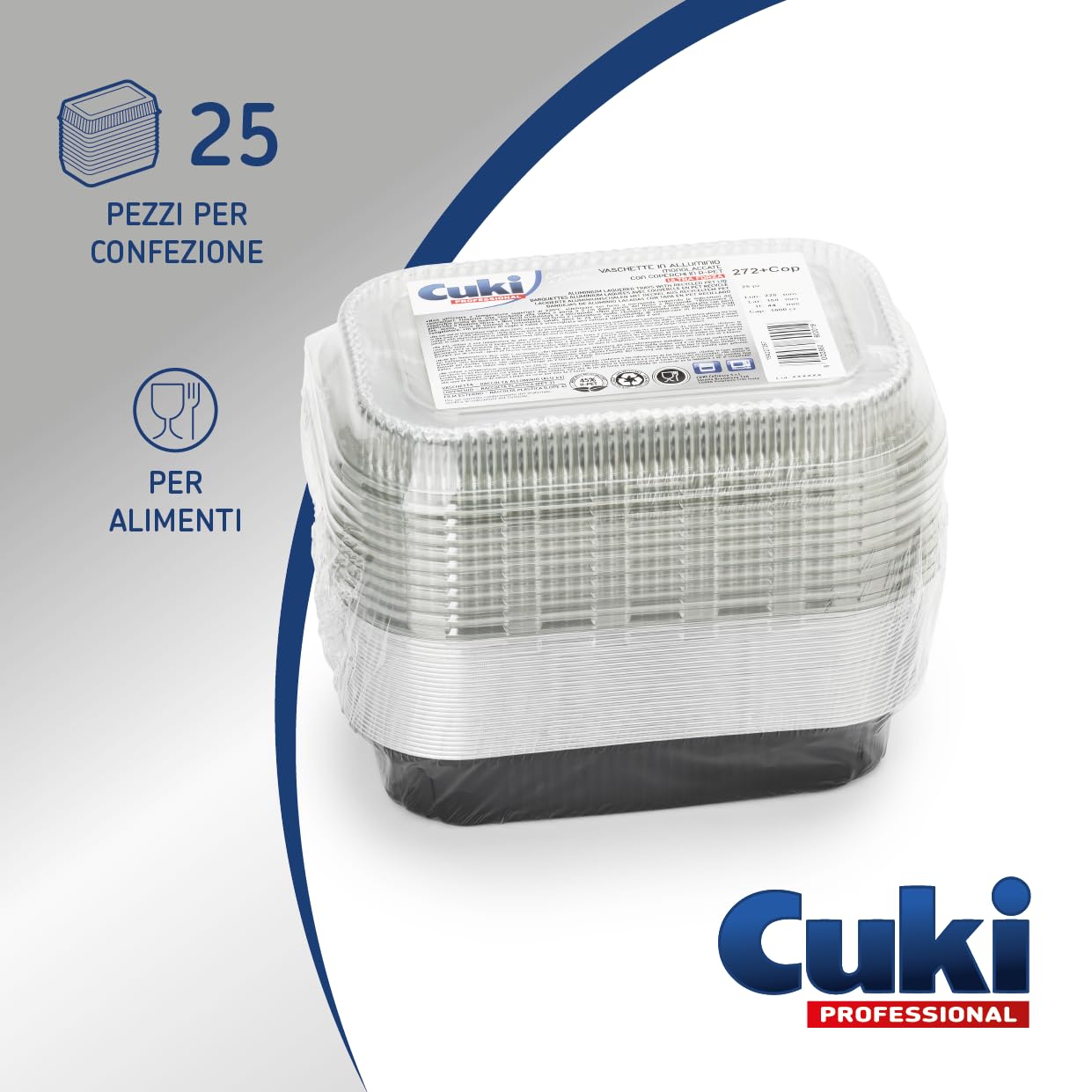 vaschette alluminio con coperchi ultra-forza, 2 porzioni, laccate, cm22x15xh4 , 1 confezione da 25 pezzi, monouso per forno, microonde, frigo, cottura, conservazione