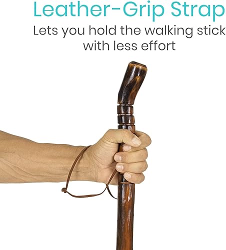 Miniatura 6 de Vive Bastón de madera para senderismo, hecho a mano, impermeable, con correa de muñeca de cuero, bastón de madera para equilibrio, mujeres, hombres,