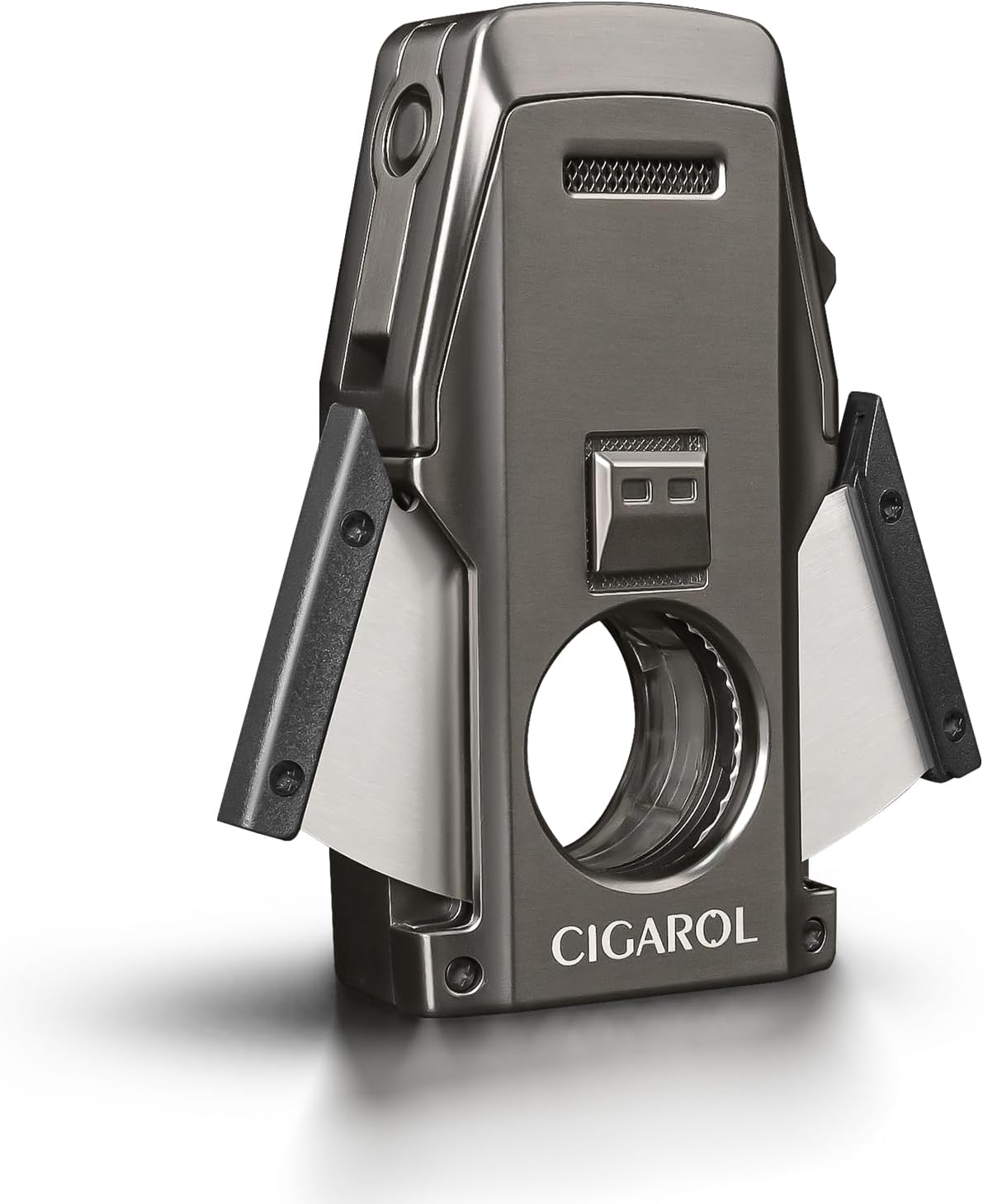 4-in-1 Double Flame Cigar Lighter with Automatic Cutter, Punch, Holder & Gift Box - Elegant Gunmetal Design, 90 x 45 x 20 mm, Zinc Alloy, Automatic Flame Regulation, Refillable