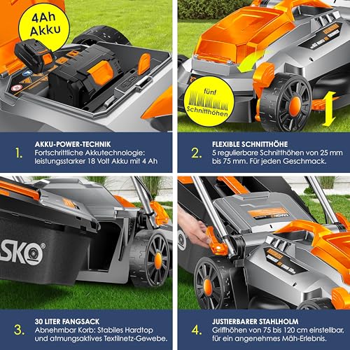 MASKO® Akku Rasenmäher mit Mulchfunktion, Akku Li-Ion Batterie 4Ah & Ladegerät Rasentrimmer 33cm Schnitt-Breite 5X Höhenverstellbar 30L Fangkorb Flächen bis 150m² inkl. Handschuhe & Bürste 4