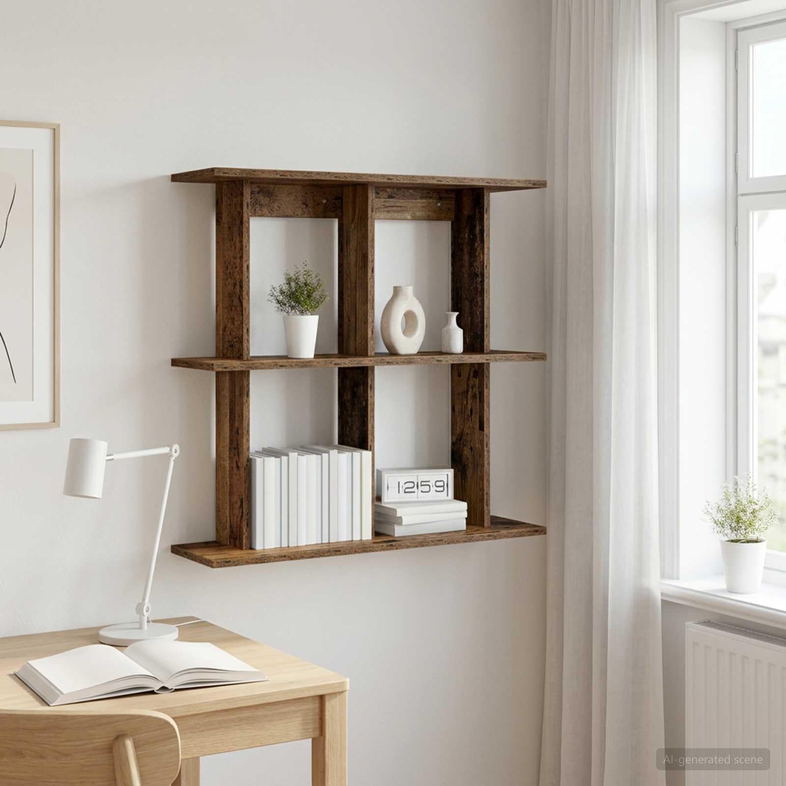 Wandregal aus Holzwerkstoff Altholz 80 x 20 x 75 cm für Wohnzimmer Büro, hängeregal schweberegal bücherregal Wandhalterung, platzsparende Aufbewahrung für Deko