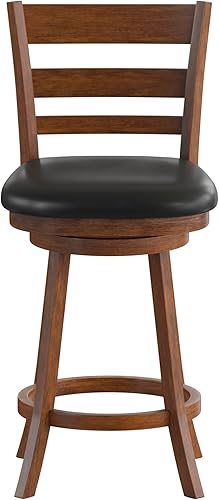 Miniatura 7 de Merrick Lane Silla Ladderback - Taburete giratorio para mostrador, acabado de roble antiguo, asiento acolchado de piel sintética negra de 24