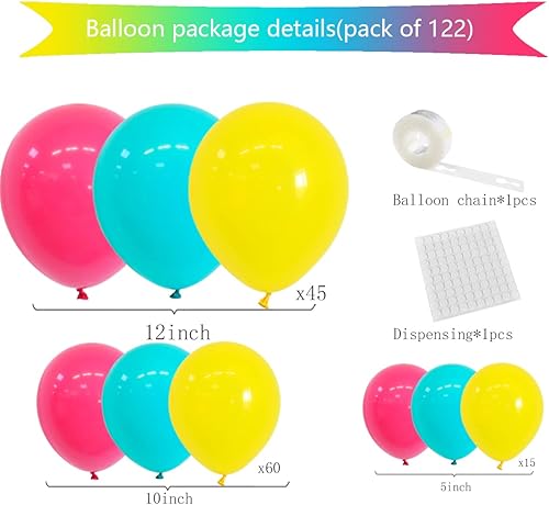 Miniatura 7 de Kit de arco de guirnalda de globos de color rosa intenso, verde azulado, azul, amarillo, 122 unidades, turquesa, azul, rosa, rojo, amarillo, para