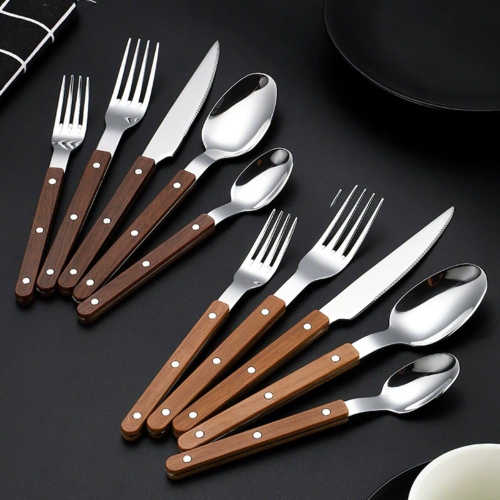 Spessa Rivetto Morsetto Manico Cucina Acciaio Inox Argenteria Stoviglie Posate Set Bistecca Coltello Forchetta Cucchiaio Cucchiaino (Marrone scuro,20 pezzi)