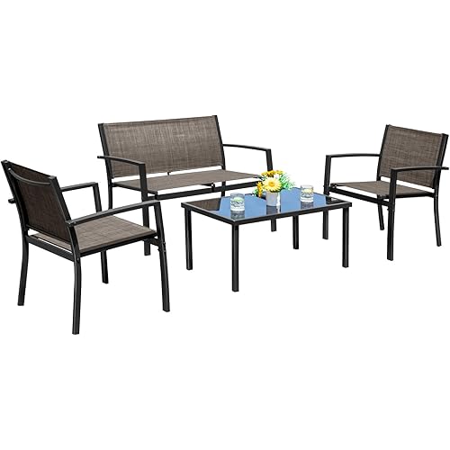 Devoko 4 Pieces Patio Furniture Set Outdoor Garden Patio Conversation Sets Poolside Lawn Chairs with Glass Coffee Table Porch Furniture (Brown)