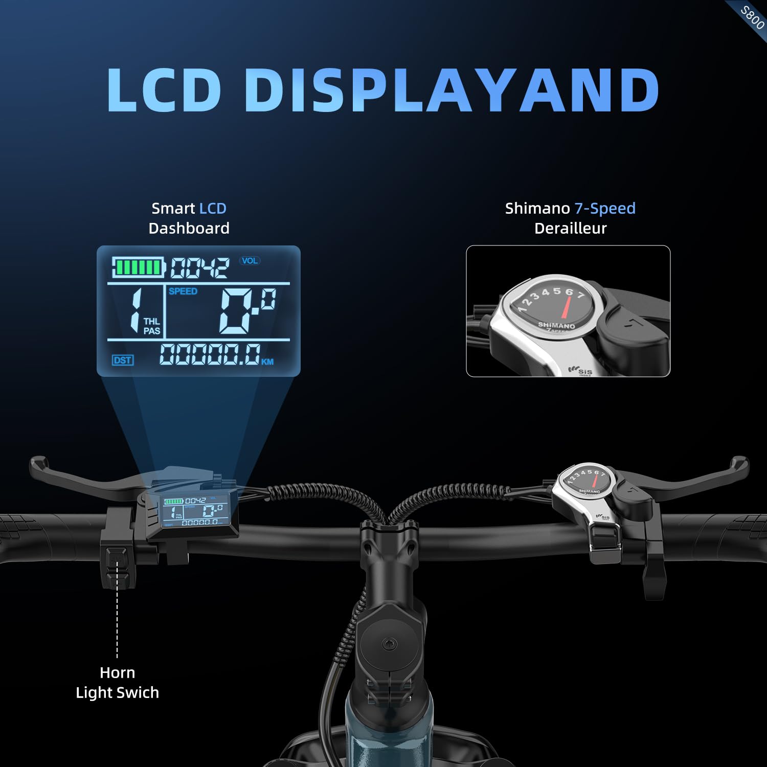 S800 Vélo électrique 26" pour homme et femme avec batterie 36 V 13 Ah, moteur de 250 W, 25 km/h, autonomie de 75 km, dérailleur à 7 vitesses