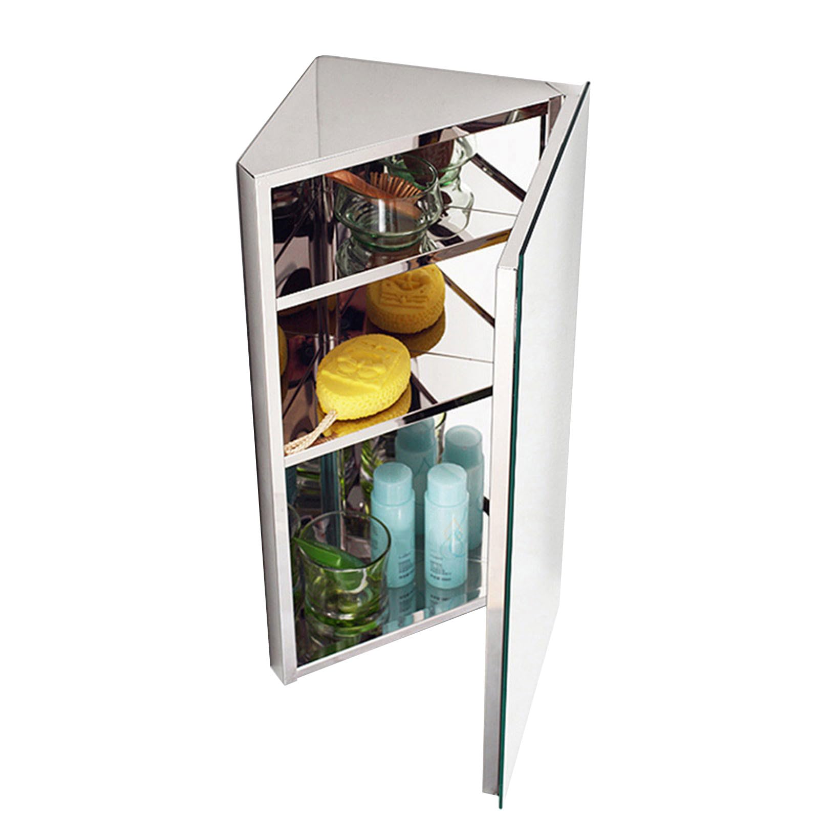 Spiegelschrank Bad Edelstahl, Modern Eckspiegelschrank Platzsparend, Badezimmerschrank Hängend mit Spiegel Eckschrank Badezimmer Dreieck mit 3 Ablagen,H60 x B30 x T18cm Küche, Haushalt & Wohnen