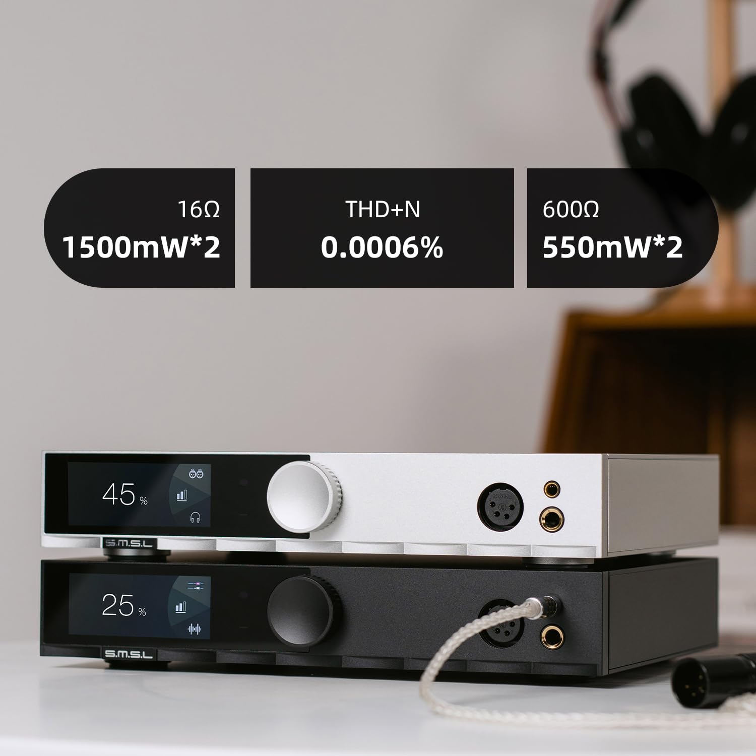 SMSL H400 Amplificador de auriculares, balanceado de 4,4 mm, XLR equilibrado, 6,35 mm de un solo extremo, alta potencia de salida de 16-600Ω, salida de preamplificador, diseño totalmente equilibrado,