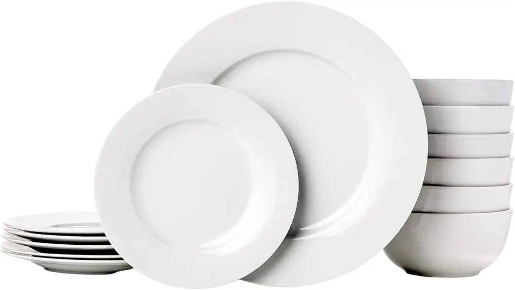 Amazon Basics Kitchen Dinnerware Set, Microwave and Dishwasher Safe, Plates, Bowls, Service for 6, 18-Piece, White