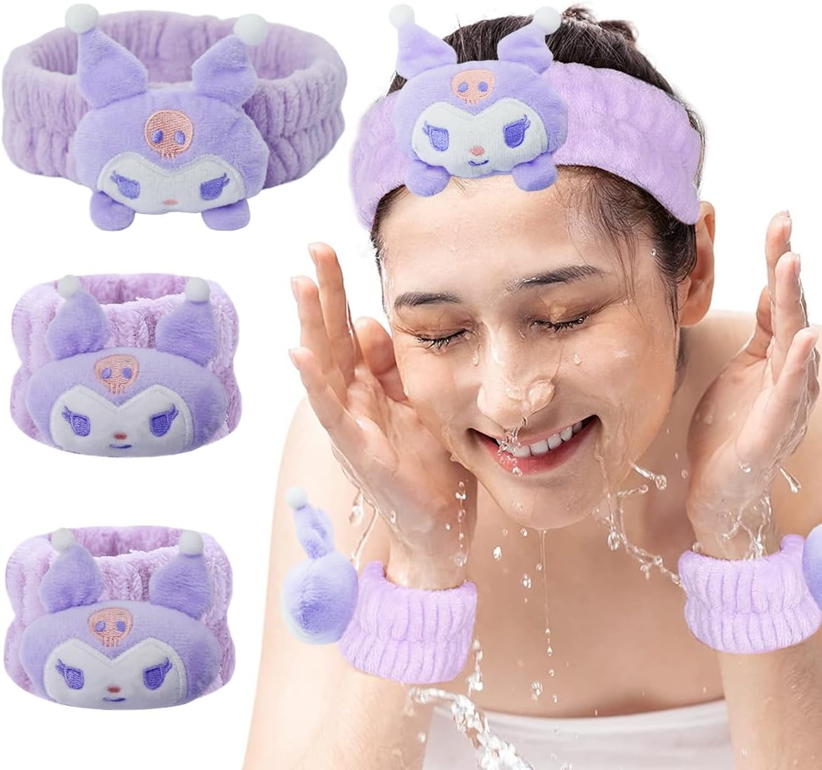 MAYCREATE® Kuromi Spa Headband for Skincare Facial Band for Women, Cute Wrist Band for Face Wash, Elastic Plush Face Wash Headband & Wristband Combo of 3Pcs, for Makeup, Face Washing