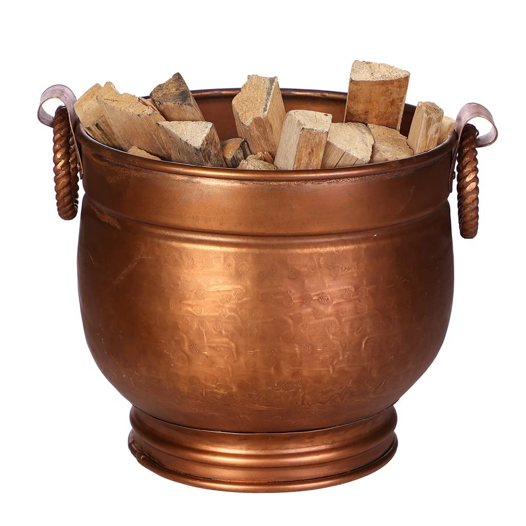 Dibor Copper Fireside Coal Scuttle Bucket Hearth Kindling Log Basket Hand Hammered Recycled Iron Fireplace Storage